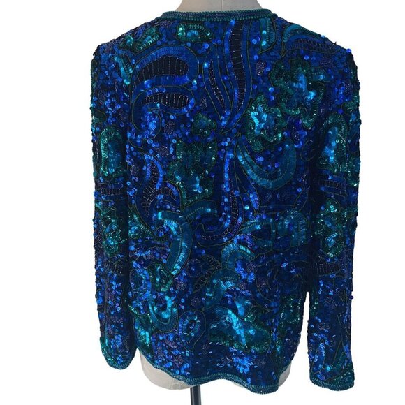 Laurence Kazar Vintage Womens Jacket Size Large Blue Sequin Long Sleeve - Picture 2 of 10